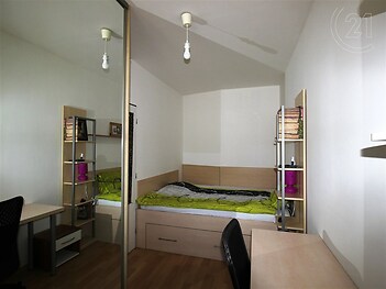 pokoj / ložnice s dřevěná podlaha a klenutý strop