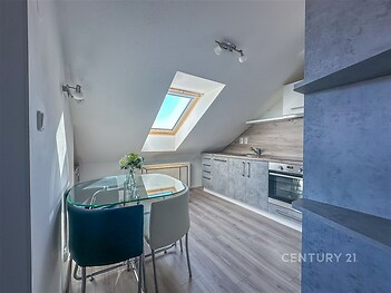 Podkrovní kuchyň s moderními spotřebiči, světlou dřevěnou podlahou a střešním oknem, které zajišťuje dostatek přirozeného světla.