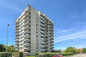 Vysoký bytový dům s balkony z roku 2000,  udržovaná zelená plocha, světlý exteriér, klidná lokalita, výhled na okolí, příjemné prostředí.