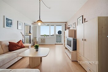 Světlý obývací pokoj s parketovou podlahou, velkými okny a moderním nábytkem, poskytující pohodlný a prostorný interiér.