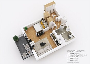 Půdorys bytu s moderní kuchyní, parketovou podlahou a vestavěnými skříněmi nabízí efektivní využití prostoru a stylové zařízení.