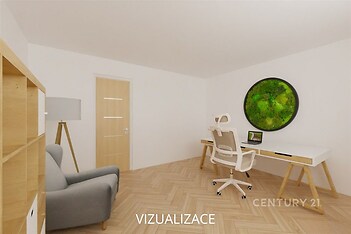 Domácí kancelář s parketovou podlahou, moderní nábytek, velké zelené dekorativní umění na stěně, světlá atmosféra pro práci