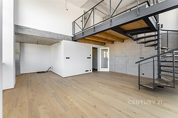 Loftový obývací prostor s dřevěnou podlahou, moderní betonové stěny, kovové schodiště a velká okna poskytující dostatek světla.