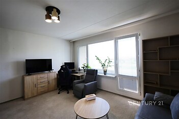 Světlý obývací pokoj s velkými okny, moderním nábytkem a světlým kobercem, ideální pro relaxaci nebo práci z domova.
