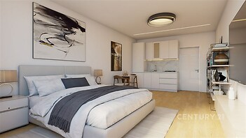 Prostorná ložnice, parketová podlaha, moderní vestavěná kuchyně, světlý interiér, výhled z velkých oken, vhodné pro komfortní bydlení.