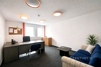 Kancelářský prostor s moderním nábytkem, velká okna a koberec, světlé osvětlení, ideální pro klidnou práci.