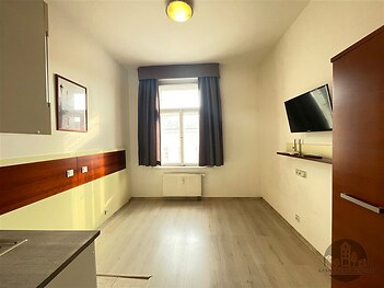 Světlý pokoj s moderní parketovou podlahou a velkým oknem, prostor je moderní a nabízí minimalistický design s nástěnnou televizí.