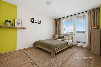 Světlá ložnice s parketovou podlahou, velká okna pro přirozené světlo, moderní nábytek a dekorativní prvek na stěně.