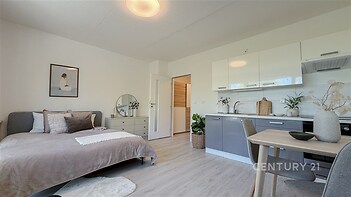 Kompaktní studio s moderní kuchyní, světlá plovoucí podlaha, elegantní nábytek, dostatek denního světla, minimalistický design.