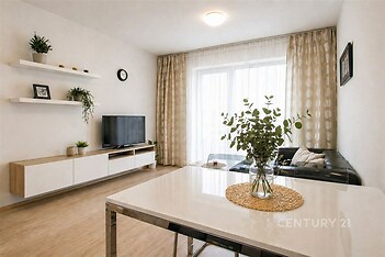 Světlý obývací pokoj s parketovou podlahou, velkými okny a moderním nábytkem. Clean lines a minimalistický design vytváří elegantní atmosféru.