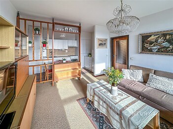 Světlý retro obývací pokoj s orientací na jih propojený s kuchyní.