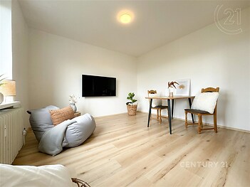 obývák-jídelna s radiátor, televize, a dřevěná podlaha