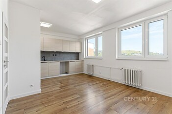 Světlý obývací pokoj s moderní kuchyní, parketovou podlahou a velkými okny. Renovovaný prostor nabízí výhled do krajiny.