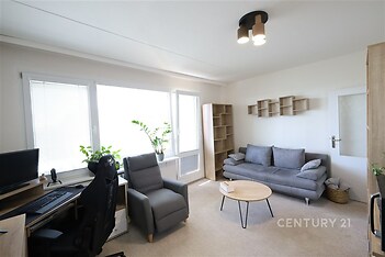 Světlý obývací pokoj s velkými okny, moderním nábytkem a kobercem, útulný pro relaxaci i práci, obsahuje pracovní stůl a pohodlné posezení.