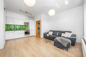 Světlý obývací pokoj s parketovou podlahou, moderní kuchyní a velkými okny, elegance a funkčnost propojeny v otevřeném prostoru.