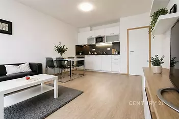 Světlý obývací pokoj s dřevěnou podlahou, moderní kuchyňskou linkou a velkými okny, včetně vestavěného úložného prostoru a elegantního nábytku.