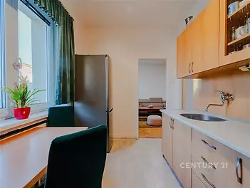 Světlá kuchyň s dřevěnými skříňkami, moderní lednicí a parketovou podlahou, přilehlý obývací pokoj s velkými okny.