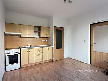 Kompaktní kuchyň s parketovou podlahou, dřevěnými skříňkami a moderním vybavením, ideální pro útulné bydlení
