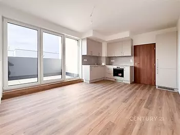 Prostorný obývací pokoj s moderní kuchyní, parketová podlaha, velká okna, světlý design, vestavěné skříně, novostavba.