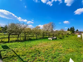 Prázdná zahrada s udržovaným trávníkem a ovocnými stromy, ideální pro zahradničení. Klidné okolí poskytuje soukromí a relaxaci.