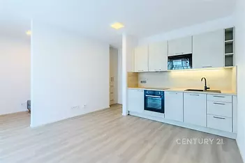 Moderní kuchyň s parketovou podlahou, světlým minimalistickým designem, vestavěnými skříněmi a moderními spotřebiči.