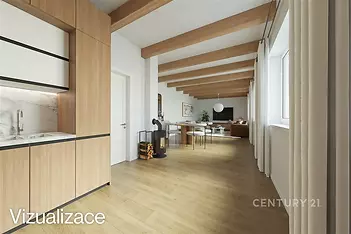 Prostorný obývací pokoj s parketovou podlahou, velká okna a moderní dřevěné trámy, světlý design a krbová kamna dodávají útulnost.