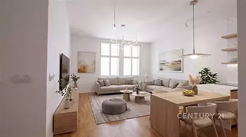 Světlý obývací pokoj s parketovou podlahou, velká okna, moderní dřevěný nábytek, stylové dekorace, útulný a elegantní design.