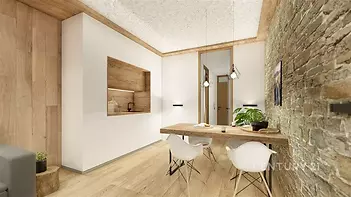 Moderní kuchyň s dřevěnou podlahou a obložením, kamenná zeď, vestavěné spotřebiče a minimalistický jídelní kout se stylovým nábytkem.