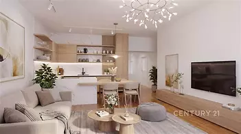 Moderní obývací pokoj s parketovou podlahou, vestavěnými skříněmi a světlým dekorativním osvětlením, propojený s elegantní kuchyní.