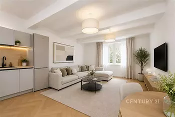 Světlý obývací pokoj s moderní kuchyní, parketová podlaha, velká okna, elegantní vybavení, příjemná atmosféra, nově rekonstruovaný prostor.