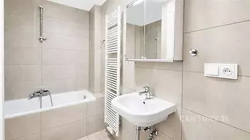 Koupelna s keramickou dlažbou, moderní umyvadlo, vana a nástěnný zrcadlový skříň, světlé neutrální tóny, topný žebřík.