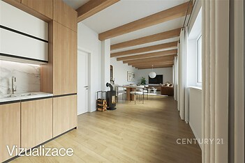 Prostorný obývací pokoj s parketovou podlahou, velká okna a moderní dřevěné trámy, světlý design a krbová kamna dodávají útulnost.