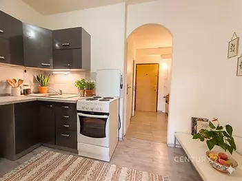 Moderní kuchyň s tmavou kuchyňskou linkou, parketovou podlahou a velkými okny, které poskytují světlý a vzdušný prostor.