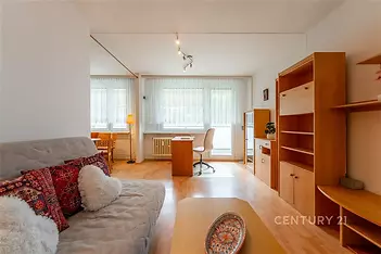 Světlý obývací pokoj s parketovou podlahou a velkými okny, moderní nábytek z světlého dřeva, pohodlné posezení a pracovní kout.