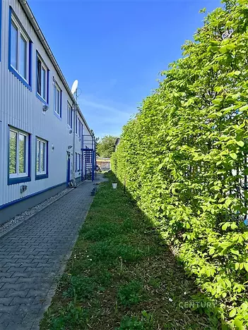 Úzký přístupový chodník s dlažbou vedle moderního domu s velkými okny a pečlivě udržovanou živou stěnou în klidné lokalitě.