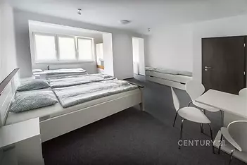 Prostorná ložnice s moderním stylem, dvěma manželskými postelemi a velkými okny, doplněná tmavou kobercovou podlahou a bílým nábytkem.
