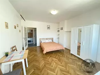 pokoj / ložnice s parketová podlaha a skříň