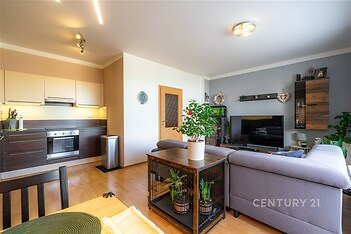 Světlý obývací pokoj s parketovou podlahou, otevřený k moderní kuchyni, vybavený velkými okny a vkusným nábytkem, ideální pro pohodlné bydlení.