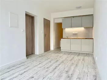 Světlá moderní kuchyň s dřevěnými podlahami a vestavěnou skříní nabízí funkční prostor v rekonstruovaném bytě.