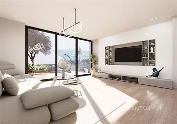 Světlý obývací pokoj s parketovou podlahou, velkými okny a moderním nábytkem, který nabízí elegantní a komfortní prostředí.