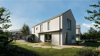 Moderní rodinný dům s velkými okny, minimalistickým designem a prostornou zahradou, nacházející se v klidné rezidenční oblasti.