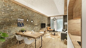 Stylová obývací kuchyň s parketovou podlahou a kamennou stěnou, velká okna poskytují dostatek světla, moderní zařízení a dřevěný nábytek.