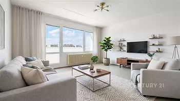 Světlý obývací pokoj s parketovou podlahou, velká okna, moderní design, útulná sedací souprava a stylové osvětlení, včetně dekorativní rostliny.
