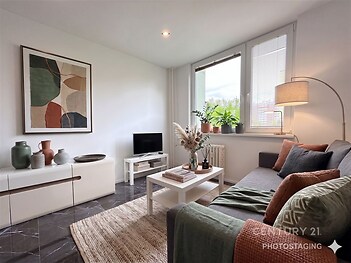 Světlý obývací pokoj s moderní dlažbou, velká okna propouštějí přirozené světlo, elegantní nábytek a dekorativní prvky vytvářejí útulný interiér