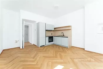 Světlá kuchyň s moderními spotřebiči, světlá parketová podlaha a minimalistický design, prostorný a vzdušný interiér.