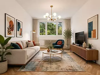 Světlý obývací pokoj s parketovou podlahou, velkými okny a moderním nábytkem.
