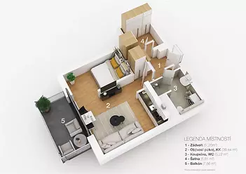 Půdorys bytu s moderní kuchyní, parketovou podlahou a vestavěnými skříněmi nabízí efektivní využití prostoru a stylové zařízení.