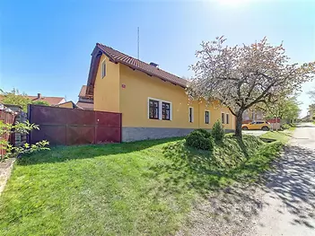 Rodinný dům s žlutou fasádou, dvůr s udržovanou zahradou a kvetoucím stromem, klidná rezidenční lokalita, výhodná poloha blízko přírody.