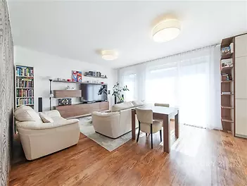 Světlý obývací pokoj s parketovou podlahou, velká okna, moderní nábytek, prostorný interiér, knihovna