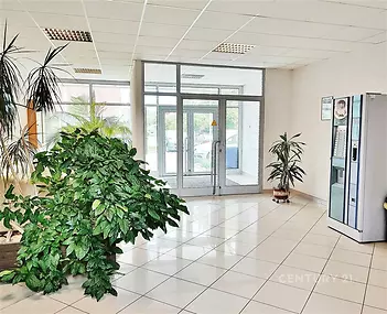 Vstupní hala s dlažbou, velkými okny a moderním vendingovým automatem, nabízí světlý prostor a příjemnou atmosféru s rostlinami.